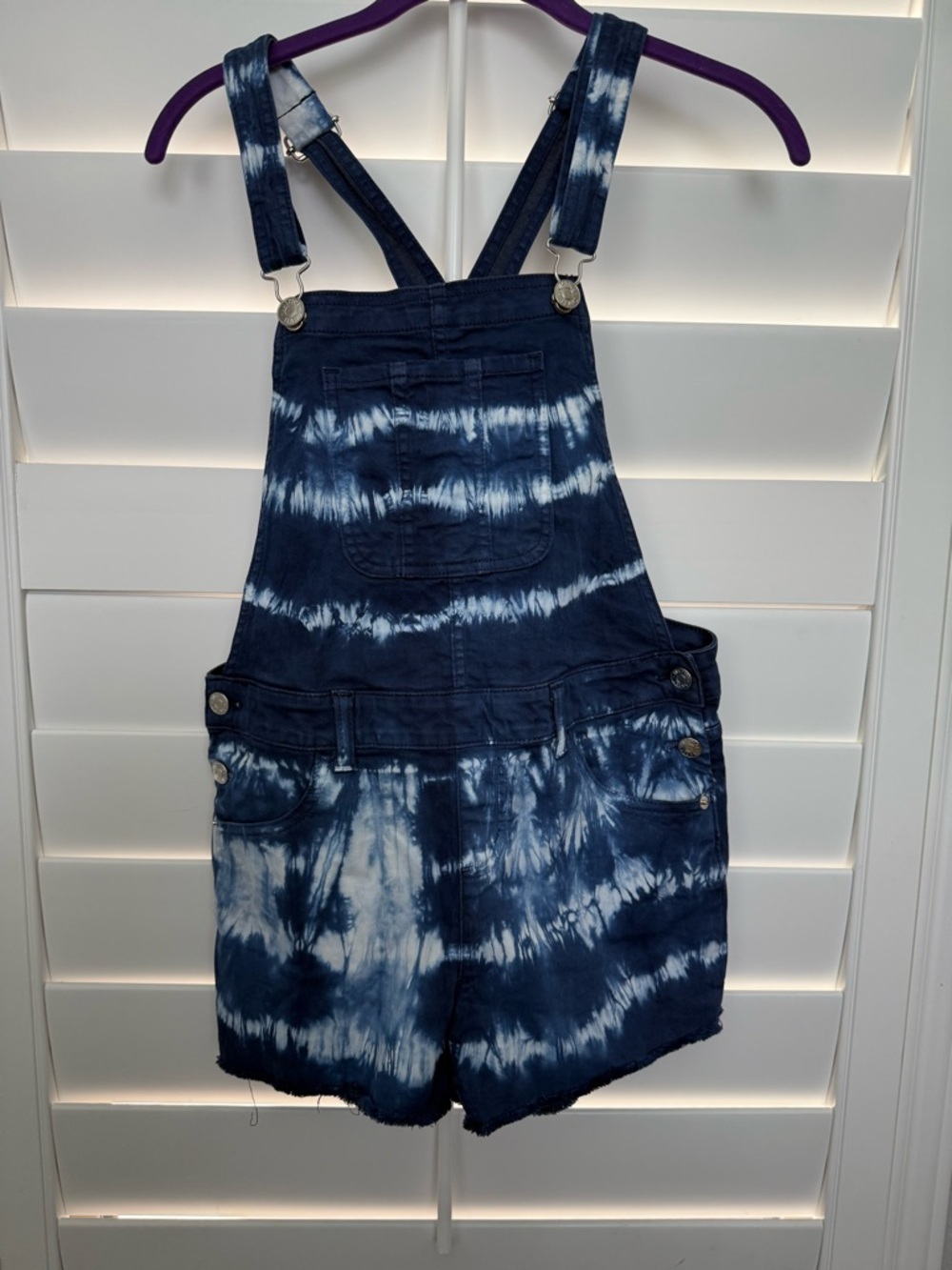 Justice Navy and White Tie-Dye Short Overalls